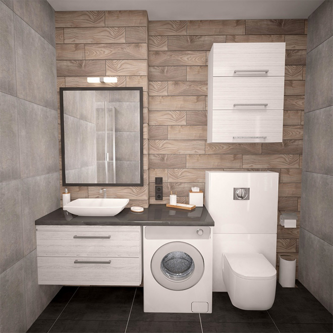 Bathroom with grey and stone coloured tiles