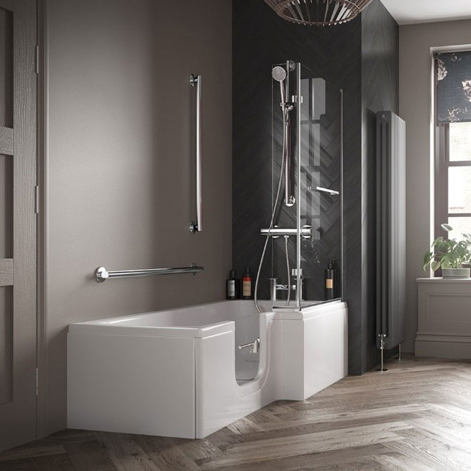 An easy access bath with a door in a contemporary grey monochrome bathroom