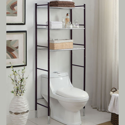 An Etagere shelving unit in a small bathroom maximising space over the toilet