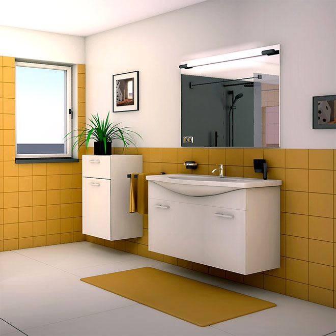 A bathroom with a yellow and white colour scheme