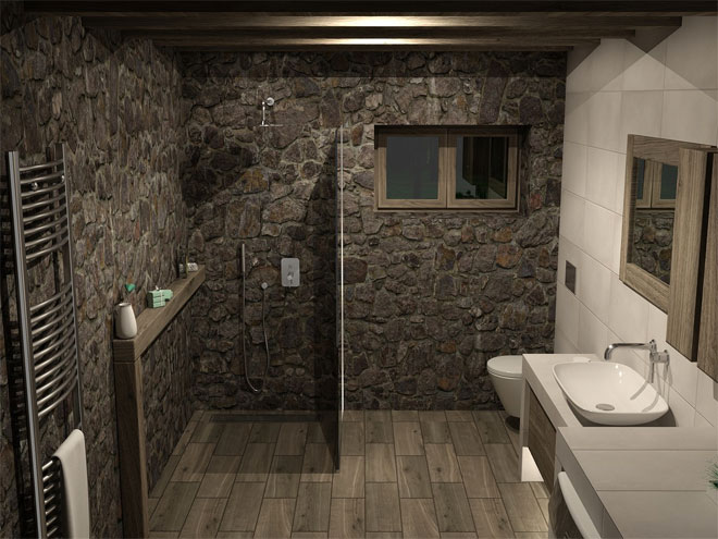 A wet room featuring stone walls, chrome heated towel rail and modern vanity unit.